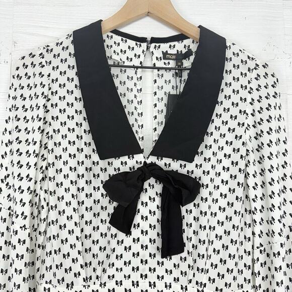 NWT Maje Bow-Print Playsuit Romper Size 38 US M White Black Coquette Retro $375 - Picture 3 of 16